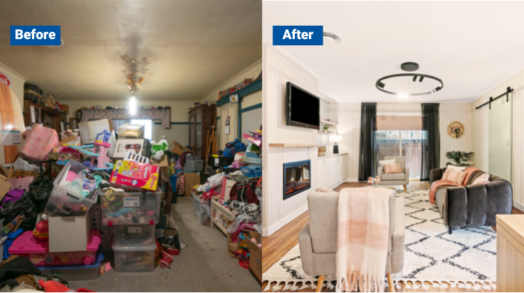 Before image of a basement filled with boxes and toys next to After image of an open, clean basement with a couch and fireplace