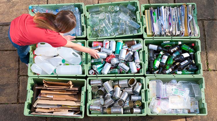 Young child sorting recycables into nine bins