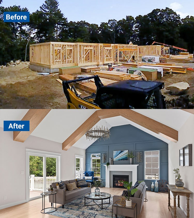 Before image of the house being built and After image of the new living room
