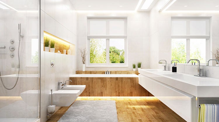 white open concept bathroom with large window