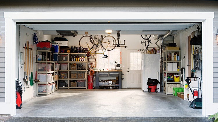 Organized garage with similar items grouped together