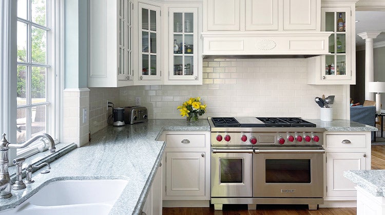 Clean and bright kitchen with yellow flowers