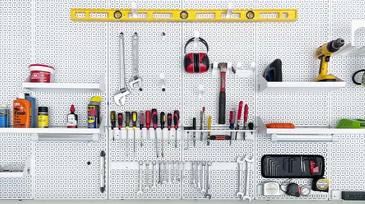 organized garage wall with tools