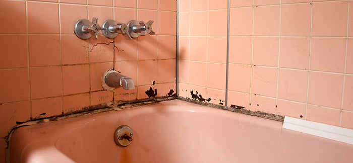 Caulk and wall material securing a tub to a wall.