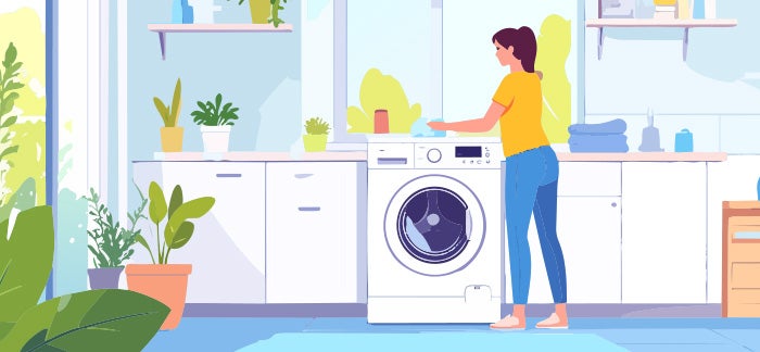 An illustration of a woman cleaning her laundry room.