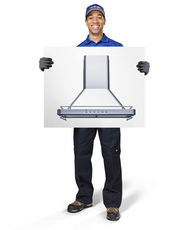 1-800-GOT-JUNK? Truck Team Member holding an image of a range hood