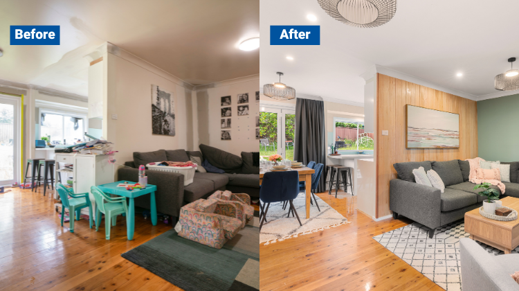 Before image of a cluttered living room next to After image of a bright and organized living room Before image of a cluttered living room next to After image of a bright and organized living room