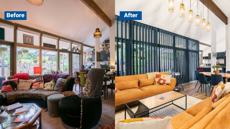 Space Invaders season 3 before and after Side by side before and after living room transformation