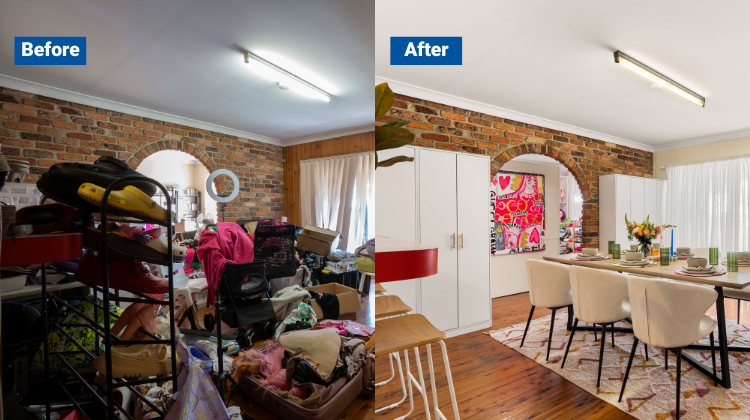 Space Invaders S4E2 before and after Before and after image dining room