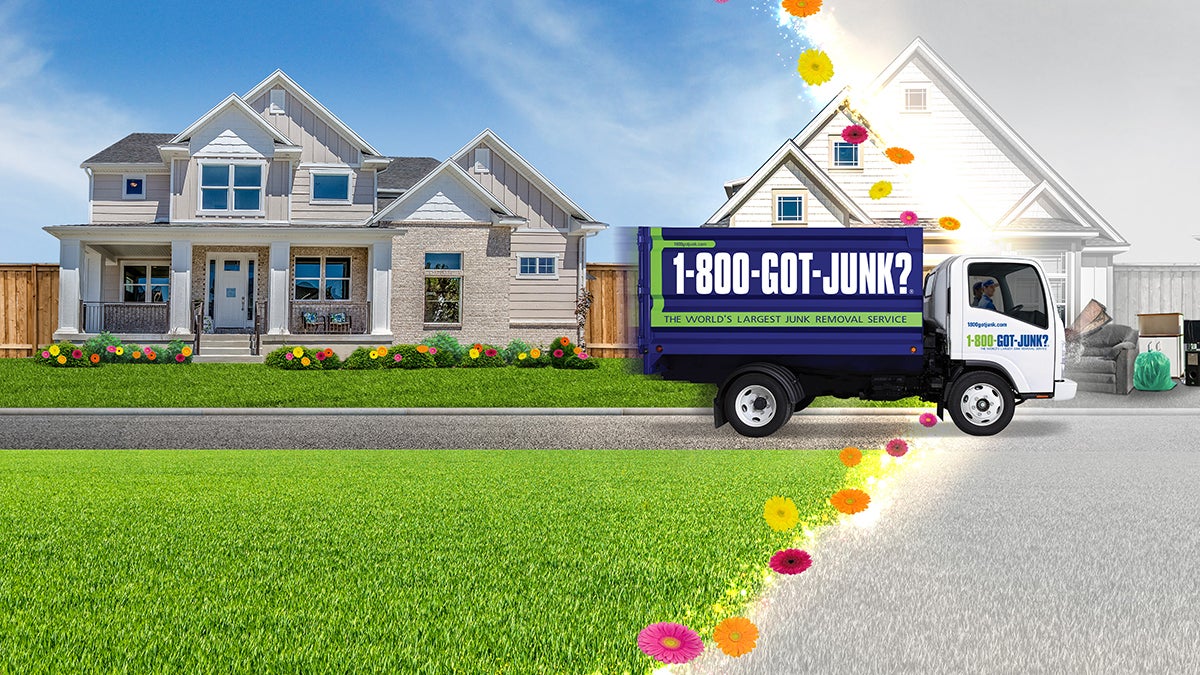 1-800-GOT-JUNK? truck driving down the street and the neighborhood brightens as the truck drives by 