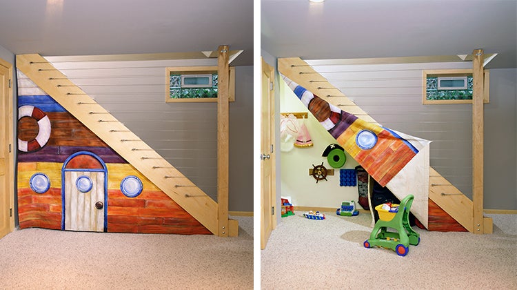 Under stair space used for children's toy storage 