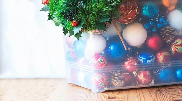 Christmas ornaments in a clear container 