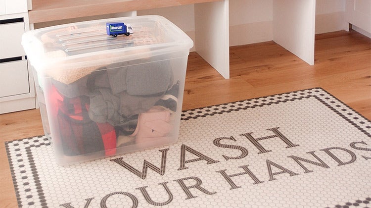 Mini 1-800-GOT-JUNK? truck on a clear bin in a clean mudroom