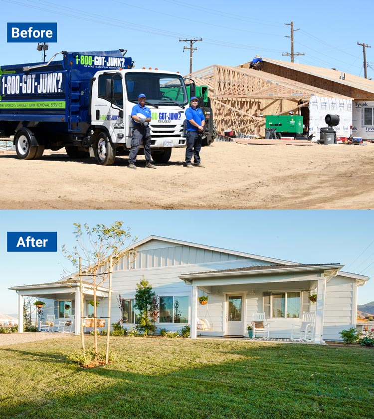 Before and after of a 1-800-GOT-JUNK? truck in front of a construction site that was transformed into a duplex