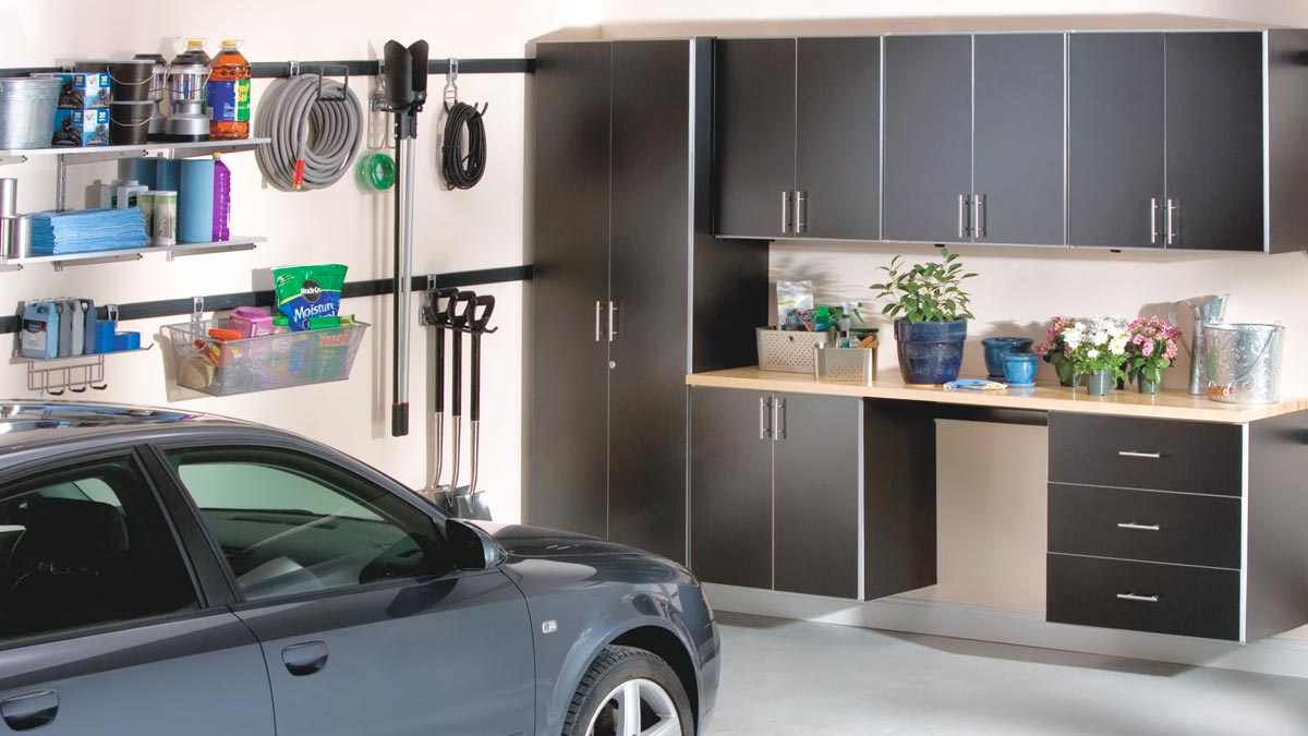 Clean garage with car and shelves