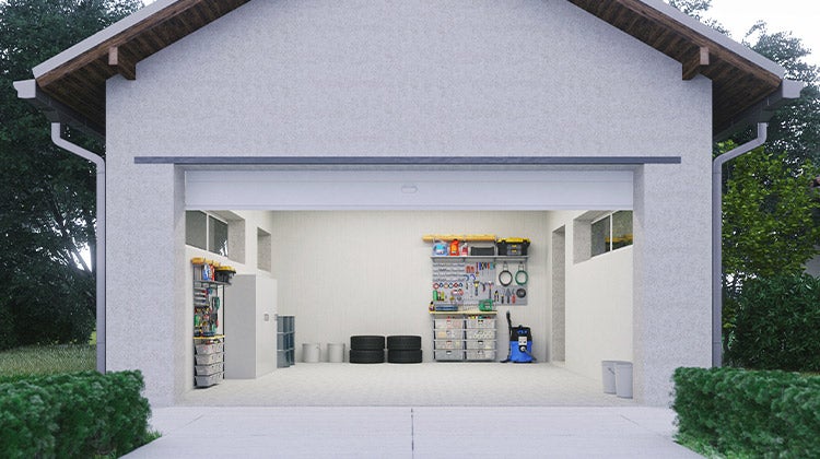 Organized garage with door open