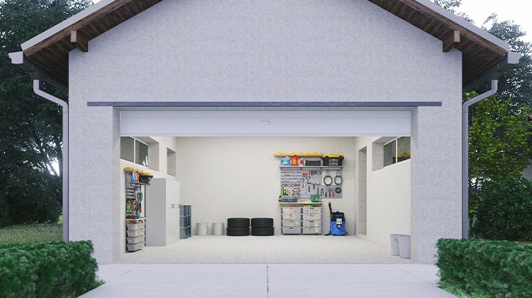 Organized garage with door open Organized garage with door open