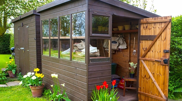 Decluttered shed with flowers around the outside