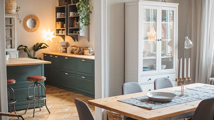 Bright and clean dining room with holiday decor