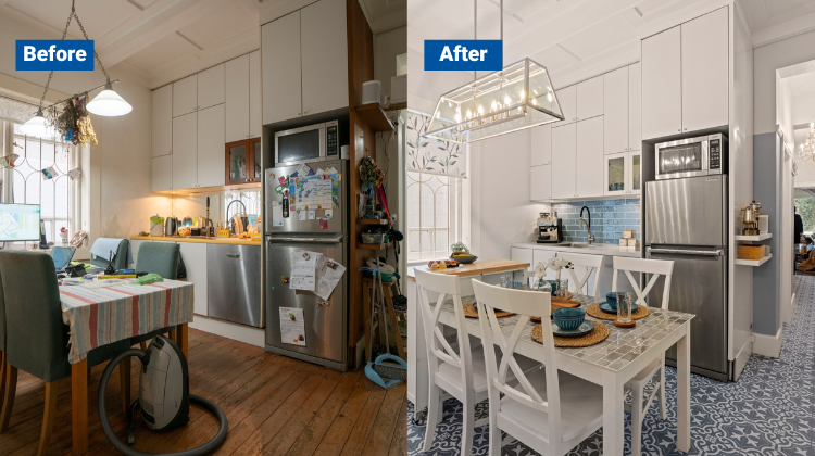 Before image of a cluttered kitchen next to After image of a clear, spacious and renovated kitchen