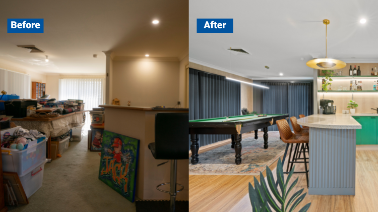 Before image of recreation room filled with clutter next to After image of an updated rec room with a pool table and bright bar
