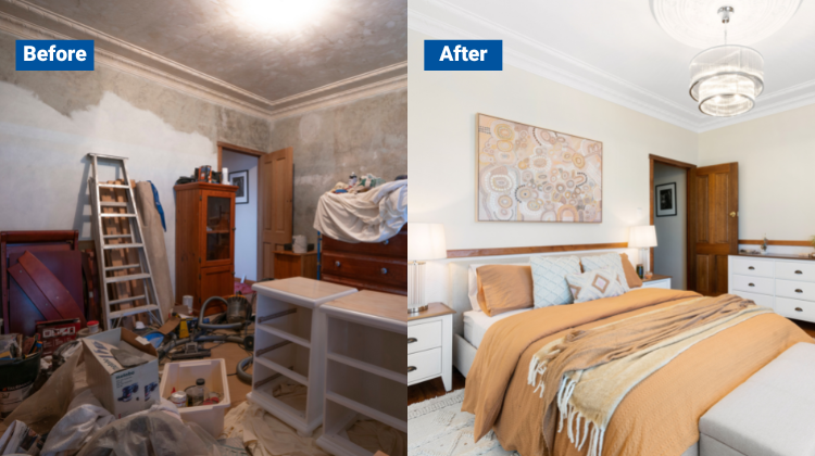 Before image of a bedroom filled with renovation debris next to After image of a clean and bright bedroom space