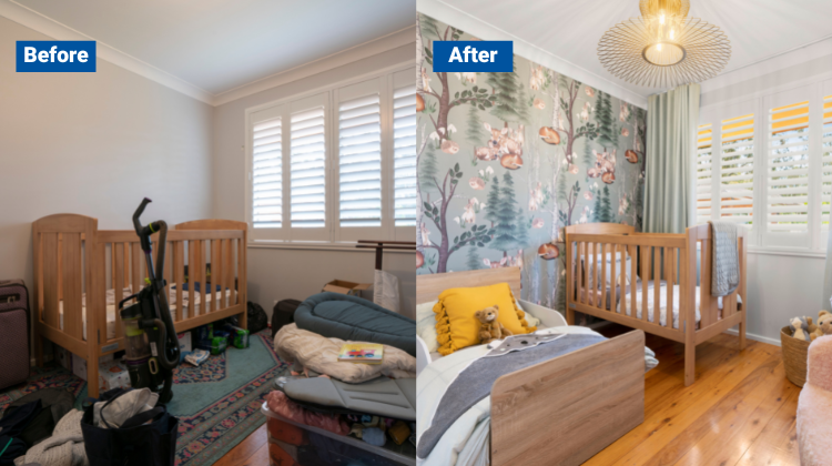 Before image of a kid's room filled with clutter next to After image of a bright and clutter-free room for two kids