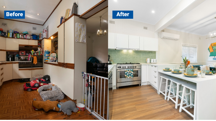 Before image of an outdated and cluttered kitchen next to After image of an open kitchen and dining space