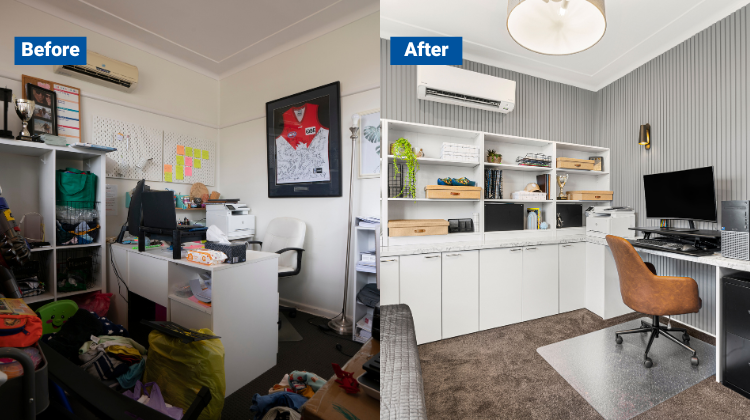 Before image of a home office filled with clutter next to After image of a bright and organized home office