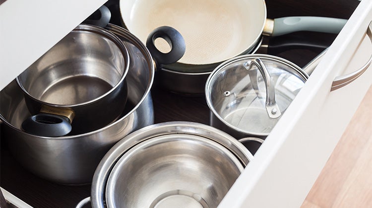 Pots and pans organized in a drawer 