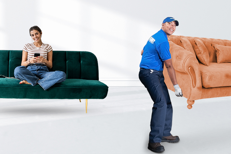 1-800-GOT-JUNK? removes couch as customer relaxes at home