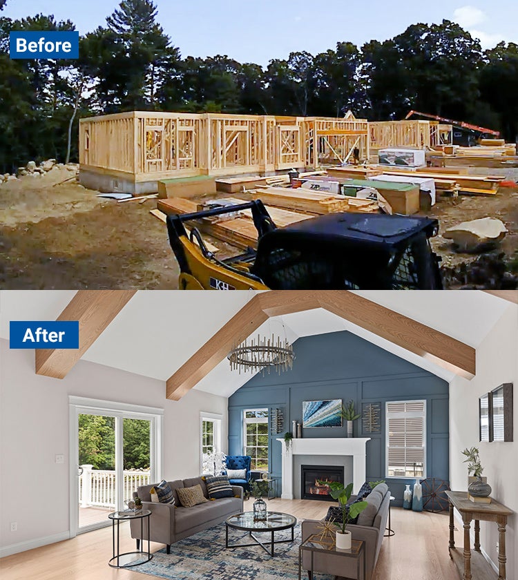 Before image of the house being built and After image of the new living room Before image of the house being built and After image of the new living room