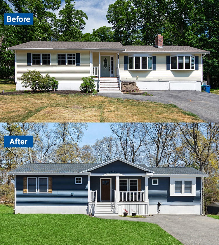 Before and after image of the house exterior