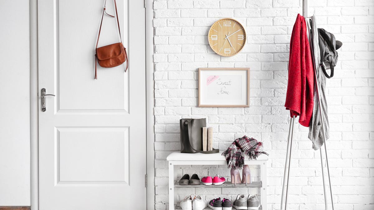 Shoe rack with shoes and bag on door