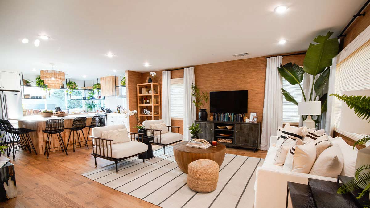 Modern living room with white furniture and wood accents